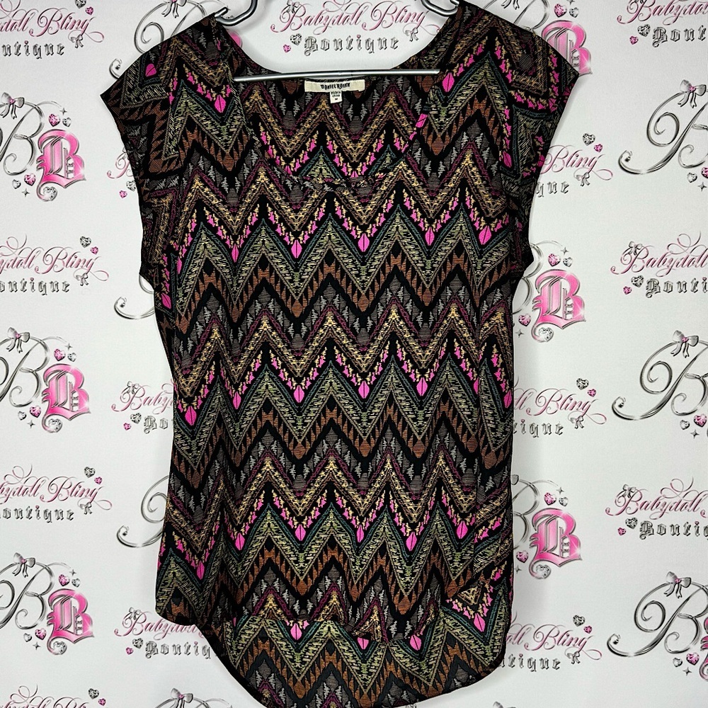 Daniel rainn tank shirt tribal boho Chevron Patterned Top brown pink high low